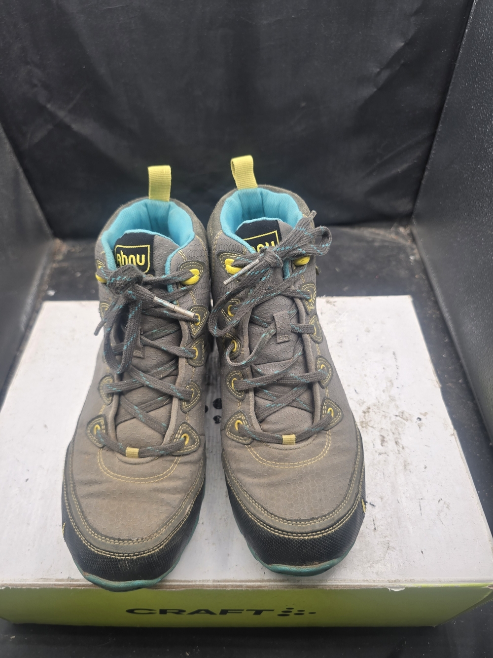 Ahnu Gray Hiking Boots with Teal Lining and Yellow Accents